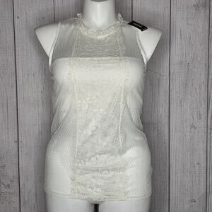 NWT Express Ivory Sheer Lace High Neck Sleeveless Top, sz Large